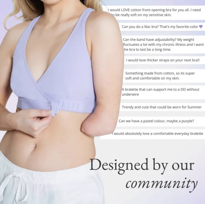 Slide 1: Close up of model with upper limb difference wearing the Wrap Bralette with screenshots in the background of input from our community about the new bra. Black text at bottom says “Designed by our community.”