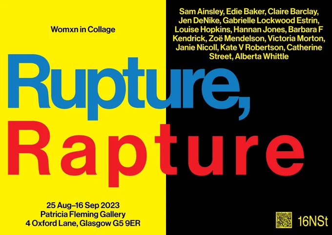 An exhibition poster for Rupture, Rapture with a bold yellow and black background and graphic sans serif font with the exhibition details and artists names. 