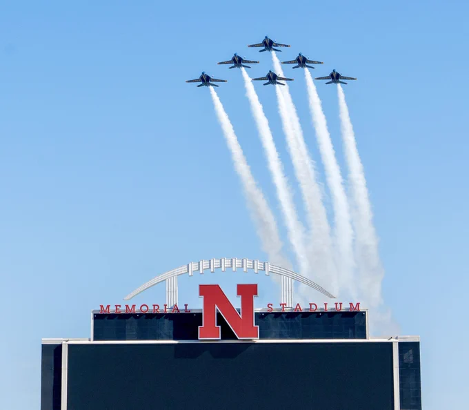 The Blue Angels fly over Memorial Stadium.