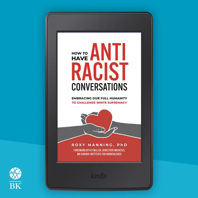 The cover of How to Have Antiracist Conversations is shown on a Kindle against a blue background.