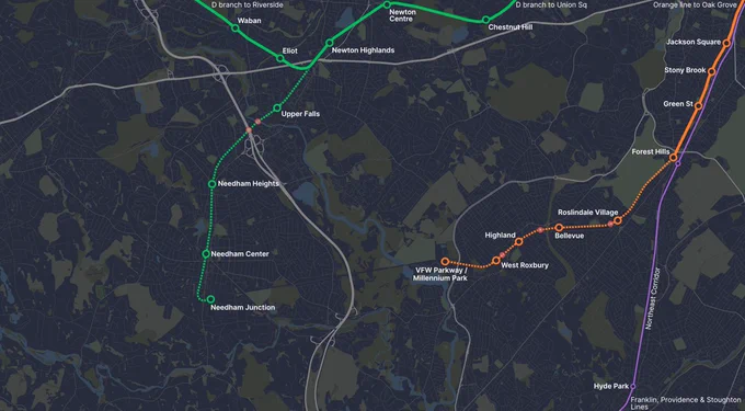 A map of TransitMatters' proposed Orange Line and Green Line Extensions.

Stops on the OLX to West Roxbury: Forest Hills, Roslindale Village, Bellevue, Highland, West Roxbury, VFW Parkway

Stops on the GLX to Needham: Upper Falls, Needham Junction, Needham Center, Needham Heights