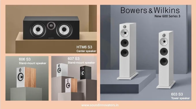 Bowers & Wilkins 603 S3
3-way vented-box system 200W into 8Ω Floor standing Speakers 

Bowers & Wilkins 606 S3
2-way vented-box system 120W into 8Ω Stand-mount Speaker

Bowers & Wilkins 607 S3
2-way vented-box system 100W into 8Ω Stand-mount Speaker

Bowers & Wilkins HTM6 S3
2-way vented-box system 120W into 8Ω Center channel Speaker

Visit: https://soundinnovators.in