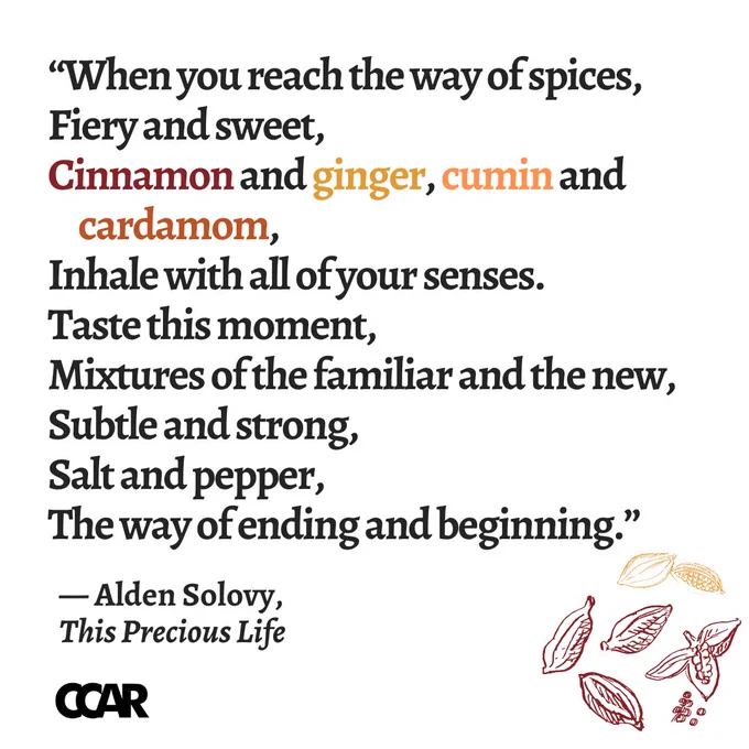 Image with text which reads:  

“When you reach the way of spices, 
Fiery and sweet, 
Cinnamon and ginger, cumin and cardamom, 
Inhale with all of your senses. 
Taste this moment, 
Mixtures of the familiar and the new, 
Subtle and strong, 
Salt and pepper, 
The way of ending and beginning.” 

—Alden Solovy, This Precious Life 