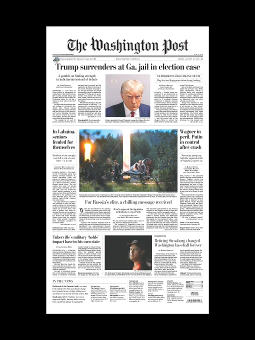 A photograph of the front page of The Washington Post for August 25th, 2023.