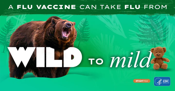 A large grizzly bear and small teddy bear with text that reads “A flu vaccine can take flu from wild to mild.” #FightFlu and the CDC logo are placed in the bottom right corner