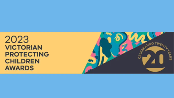 Official logo of the awards against a blue background. Logo has text on the left: 2023 Victorian Protecting Children Awards. Multicoloured decoration on the right, above text that reads: celebrating 20 years, and the number 20 in a circle.