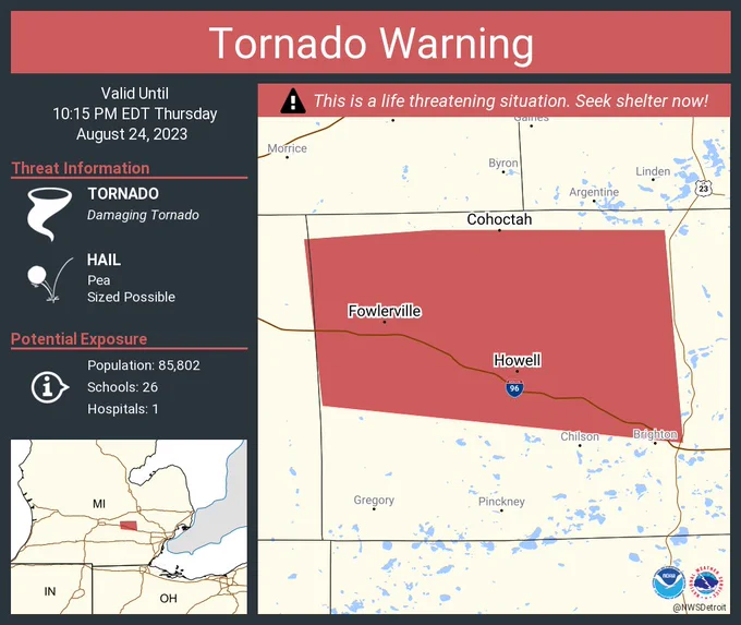 This graphic displays a tornado warning plotted on a map. The warning is in effect until 10:15 PM EDT. The warning includes Howell MI, Fowlerville MI and Cohoctah MI.  This warning is for Central Livingston County in southeastern Michigan. The threats associated with this warning are a observed tornado and pea sized hail. There are 85,802 people in the warning along with 26 schools and 1 hospital.