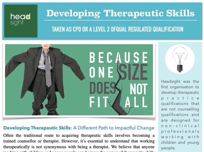 An A5 colour brochure, depicting a small child wearing a greatly oversized suit. The caption reads 'Because one size does not fit all' and has a large crack splitting the text.