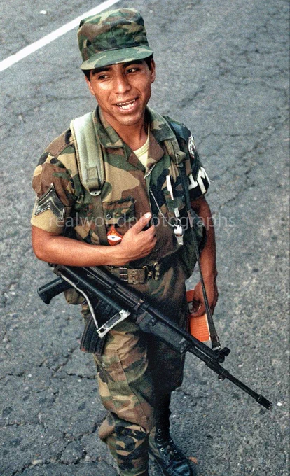 A Guatemala soldier at a Huehuetenango roadblock. Guatemala, Central America. 1992. Gary Moore photo. Real World Photographs. #photography #photojournalism #soldier #guatemala #editorial #stock #military #realworldphotographs #garymoorephotography #images #nikon #nineties #travel #malmo #sweden #canada @realworldphotographs
