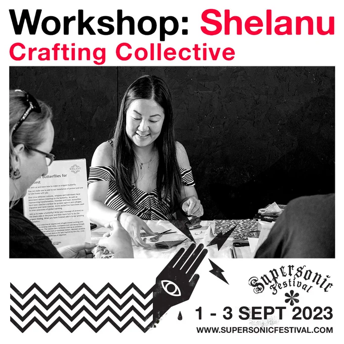 A graphic tile including a black and white photograph of a woman conducting a workshop at a table with two participants partially visible. Black and red text and graphics surround it. 