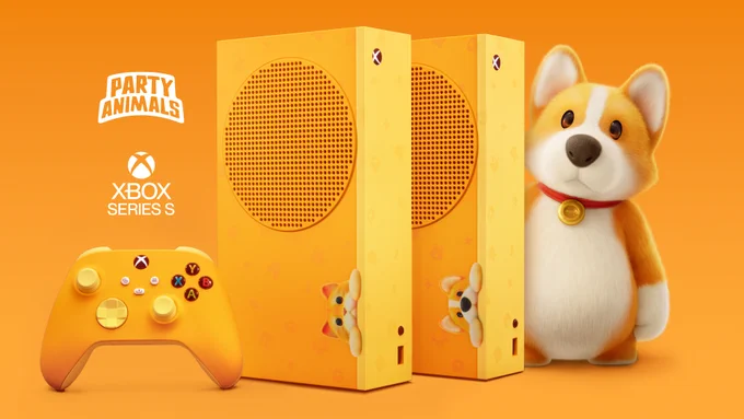 Orange graphic with two prominent custom Party Animals-themed Xbox Series S consoles and controller on it. The consoles have a cat and dog on them, respectively, with a big Party Animal dog sitting behind the right-most console. To the left the Party Animals and Xbox Series S logos can be seen.