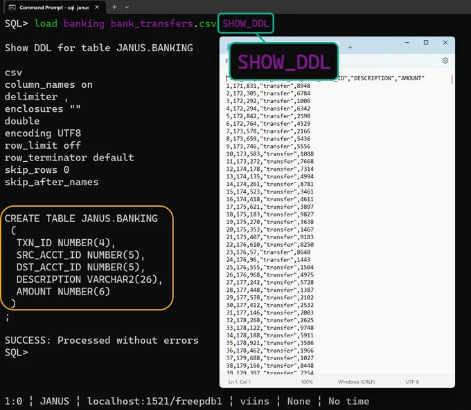 Syntax: load <table_name> file.csv SHOW_DDL

This will let Oracle SQLcl read the contets of your CSV file and suggest an Oracle Database CREATE TABLE command to store the data.