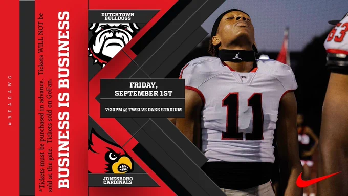 Be sure to come out and support your BULLDOGS as they take on Jonesboro HS on Sept. 1st at 7:30pm at Twelve Oaks Stadium. Tickets are on GoFan. Go DAWGS!
