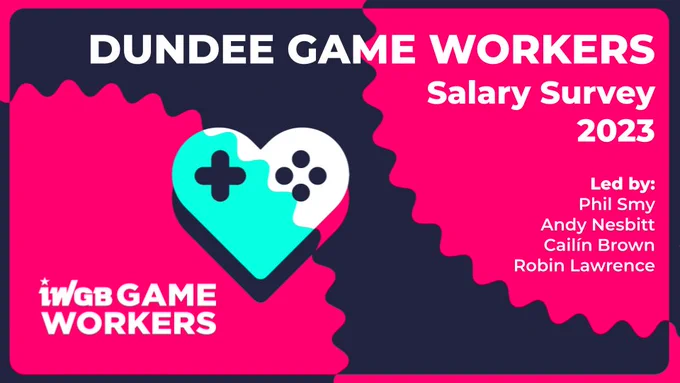 The intro slide to the salary survey results presentation. It show the IWGB Game Workers logo, and reads "Dundee Game Workers Salary Survey 2023", on a navy and pink background.
