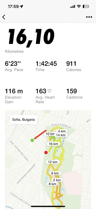 Image of a running route details, pace, time, and other health data.