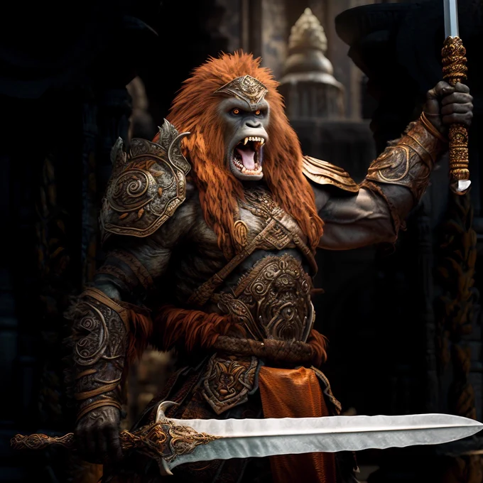 orangutan wearing armour, in the style of epic fantasy scenes, high quality photo, light white and dark orange, kushan empire, dynamic action scenes, full body , two swords--style raw —s 100