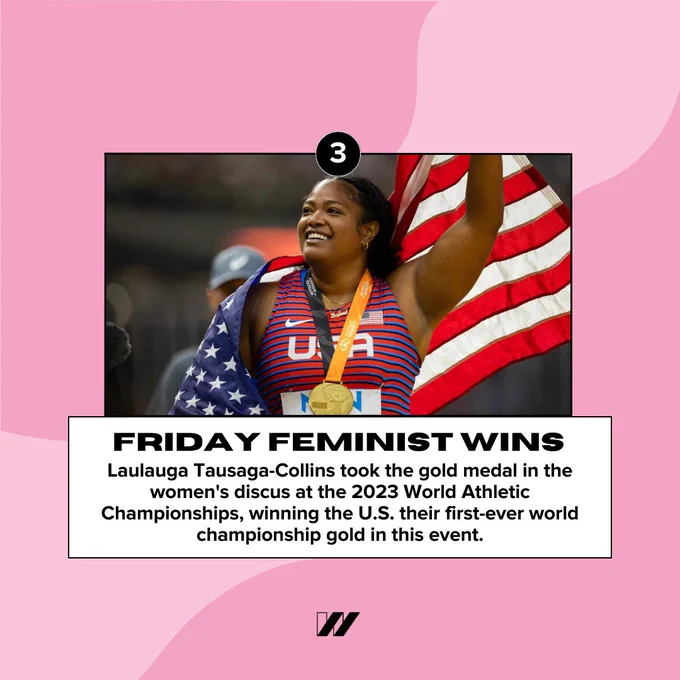 The third win says, “Laulauga Tausaga-Collins took the gold medal in the women's discus at the 2023 World Athletic Championships, winning the U.S. their first-ever world championship gold in this event.” Above is an image of Laulaga Tausaga-Collins celebrating the win. 