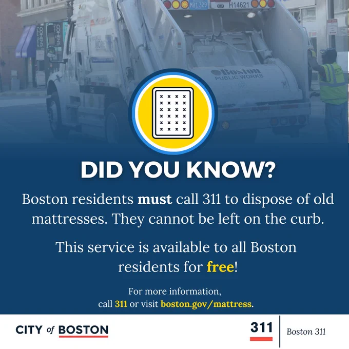 ALT TEXT: Dark blue graphic with a light blue gradient over the top half and a photo of a Boston Public Works truck in the street with an employee behind it. In the center, a yellow circle outlined in blue in white has an icon of a mattress in it. Large white, text reads, “Did you know?”, and below, smaller white text reads, “Boston residents must call 311 to dispose of old mattresses. They cannot be left on the curb.
This service is available to all Boston residents for free! For more information, call 311 or visit boston.gov/mattress.” On the bottom left of the graphic is a red and black “City of Boston” graphic and on the bottom right is the Boston 311 logo. 