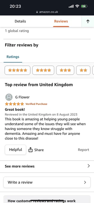 Top review from United Kingdom. 	G Flower
5.0 out of 5 stars. Verified Purchase
Great book!
Reviewed in the United Kingdom on 8 August 2023
This book is amazing at helping young people understand some of the issues they will see when having someone they know struggle with dementia. Amazing and must have for anyone close to this disease!