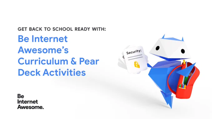 Be Internet Awesome's Internaut holding papers and a backpack ready for school.