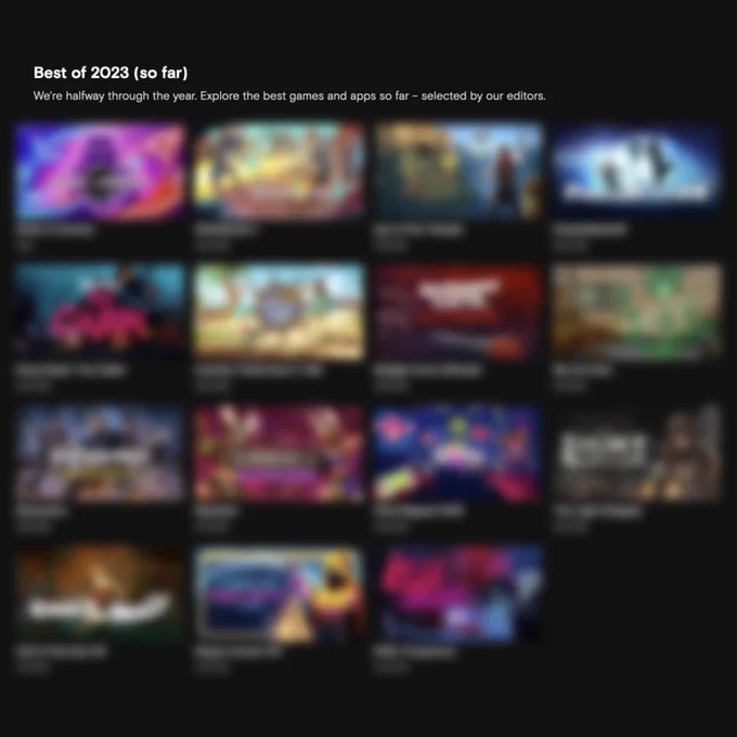 A screencap of the web page, with the 15 games blurred out. The text at the top says: "Best of 2023 (so far). We’re halfway through the year. Explore the best games and apps so far—selected by our editors."