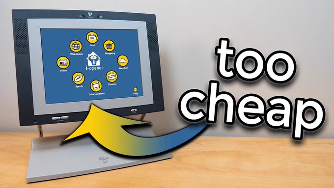 A YouTube thumbnail featuring an i-Opener on a wooden table. There is text on the right side that reads "too cheap", with an arrow pointing to the i-Opener.