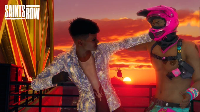 The Boss wearing a metallic jacket punching an Idol dressed in a Pink helmet on the backfrop of a sunset with a helicopter flying away
