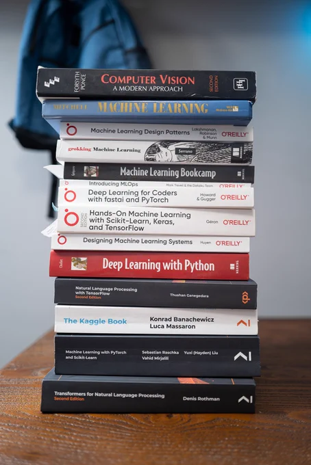 A stack of Machine Learning books.