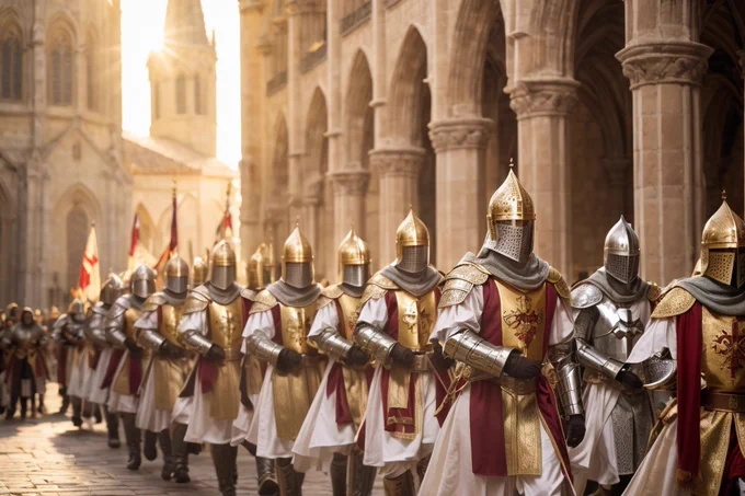 AI generated image for Templar Knights marching towards a church