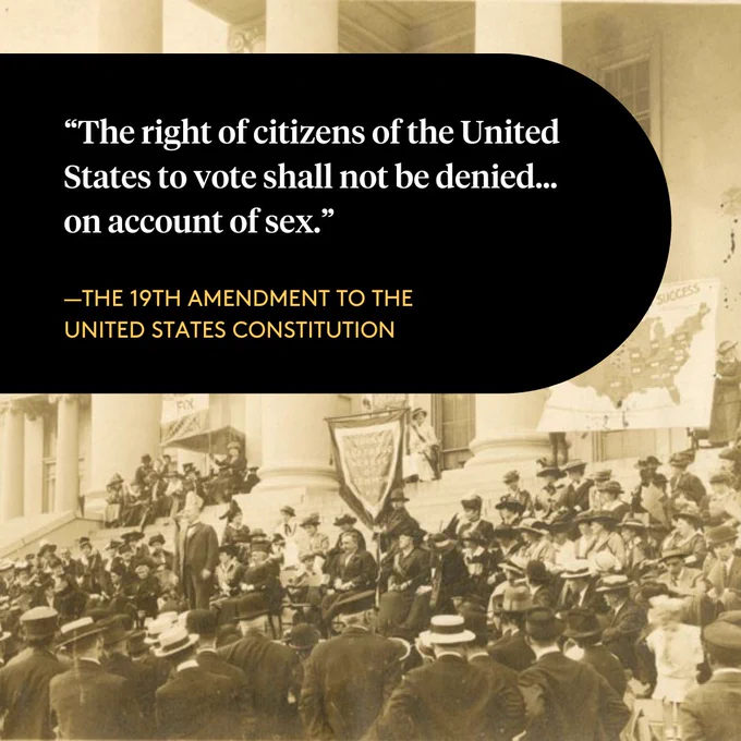 Text in a black capsule shape on a vintage photo of a women’s suffrage rally on the steps of the Virginia State Capitol. Text reads: “The right of citizens of the United States to vote shall not be denied… on account of sex.” —The 19th Amendment to the United States Constitution