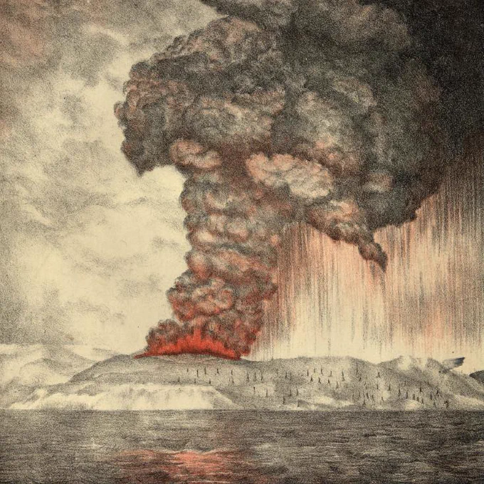 Drawing of the island of Krakatau depicting a fiery eruption and large clouds of black smoke billowing from the mountain.