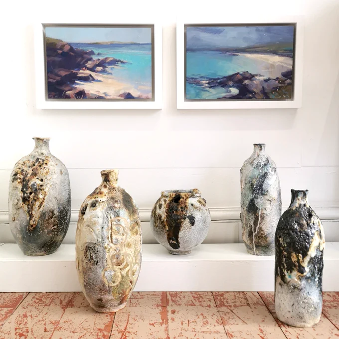 Adela Powell Ceramic Vessels and Jonathan Smith Oil Paintings from Isle of Lewis, Hebrides, all at Kellie Miller Arts Gallery, Brighton