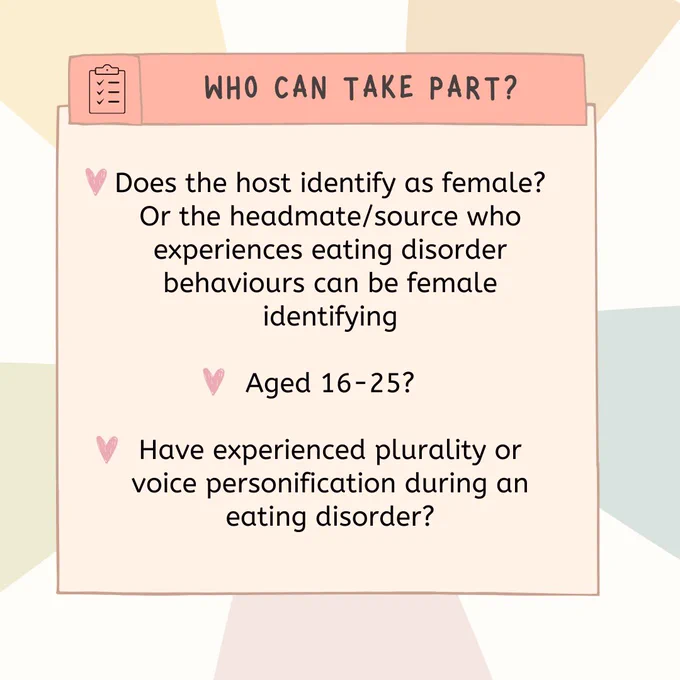 A poster stating who can take part in the webinar. Does the host identify as female? Or the head mate/source who experiences eating disorder behaviours can be female identifying 
Ages 16-25 years old 
Have experienced plurality or voice personification during an eating disorder