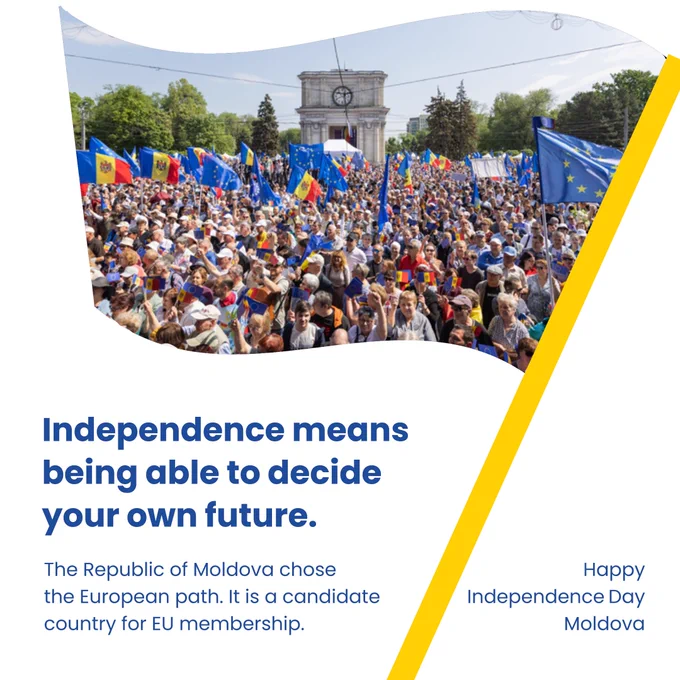 A visual with the silhouette of a waving flag with a photo of a Moldovan-and-EU-flag-filled pro-European rally in Chisinau on 21 May 2023. 

Underneath the flag, the text: "Independence means being able to decide your own future. The Republic of Moldova chose the European path. It is a candidate country for EU membership.  

Next to this another text says, "Happy Independence Day Moldova." 