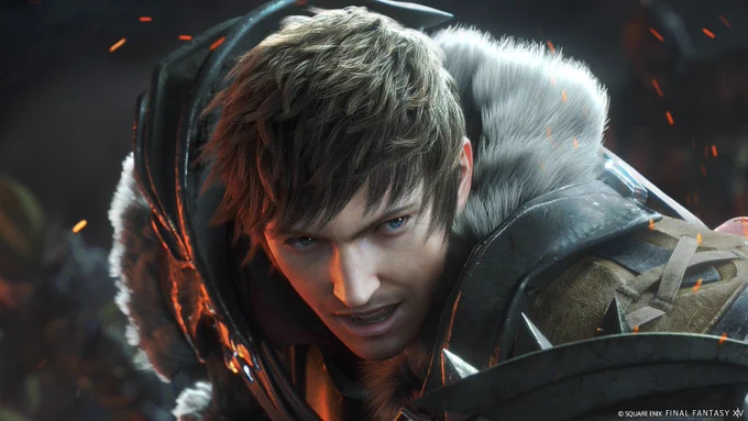 An image of the Warrior of Light from the Final Fantasy 14, A Realm Reborn expansion. The figure has short brown hair with blue eyes and is wearing Warrior job attire while hunched over gazing to the left their mouth slightly open.