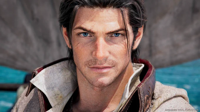 An image of the Warrior of Light from the Final Fantasy 14, Dawntrail expansion trailer. The figure has medium length brown hair tied back into a ponytail with blue eyes and facial stubble. The figure is looking straight ahead with a subtle smirk.