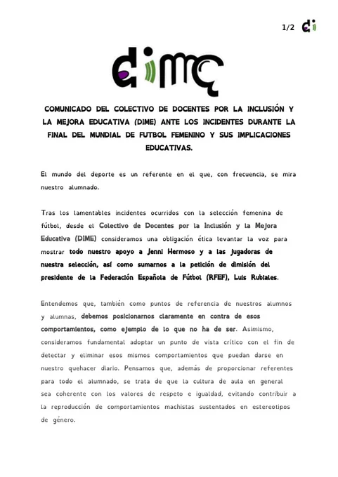 Imagen de la primera página del comunicado del colectivo sobre los acontecimientos con la selección femenina de fútbol
