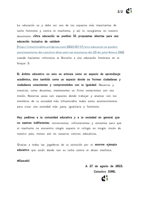 Imagen de la segunda página del comunicado del colectivo sobre los acontecimientos con la selección femenina de fútbol