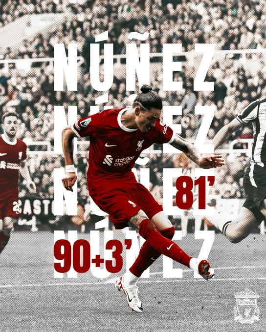 A graphic of Darwin Nunez striking the ball for the winner at St James' Park. The graphic has Nunez written out in text and repeated behind him, with the timings of both his goals either side of the Liverpool striker (minutes 81' and 90 3)