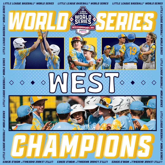 Primarily light blue graphic with white lettering and gold accents.
Graphic reads: "World Series Champions: West"

Pictured are cut outs of players on the California team and a full team image towards the bottom. "Little League Baseball World Series" lines the outside of the graphic in small lettering
