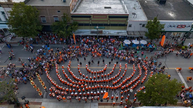 Drone shot of BGSU Falcon Marching Band at RallyBG community pep rally