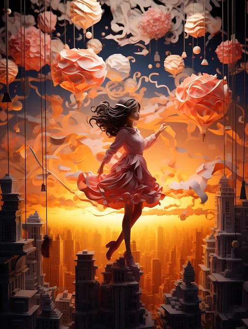 ©rasmal.ai art, midjourney, ai artwork, girl walking on miniature skyscrapers, sunset, balloons, strings, theatrical play, paper art