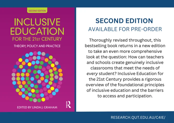 Pink book cover featuring 'Inclusive Education in the 21st Century: Theory, Policy and Practice'. On the right side, text offers an overview of the new Second Edition.