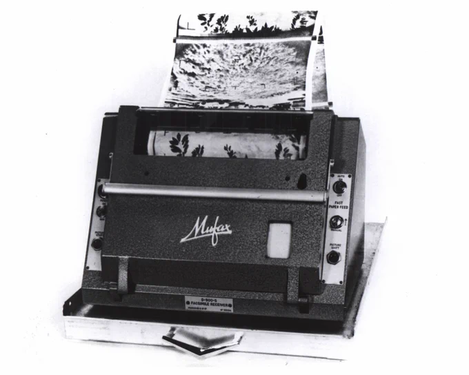 Photo of a "facsimile receiver" with the name Mufax on it: a 1960s version of a fax machine used to print out photos taken by Nimbus satellites.