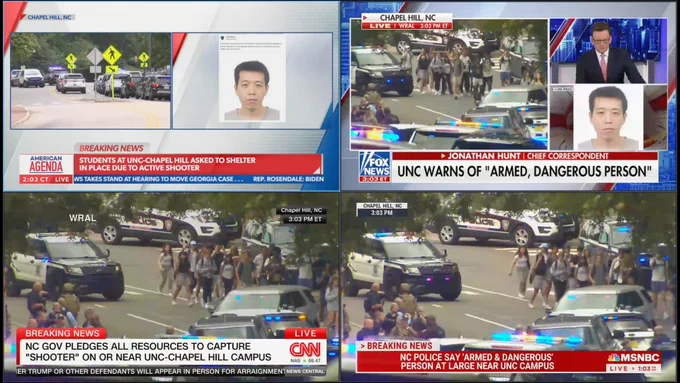 Newsmax, Fox News, MSNBC, and CNN all covering shooter on UNC campus.