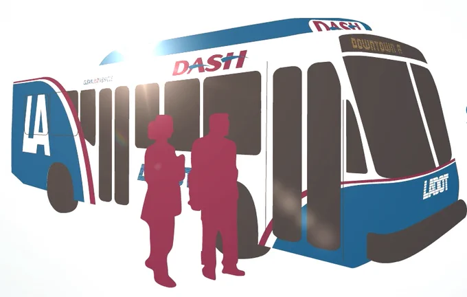 Drawing of an LA Department of Transportation DASH bus with the outline of several people getting ready to board the bus. A sun flare appears overhead.