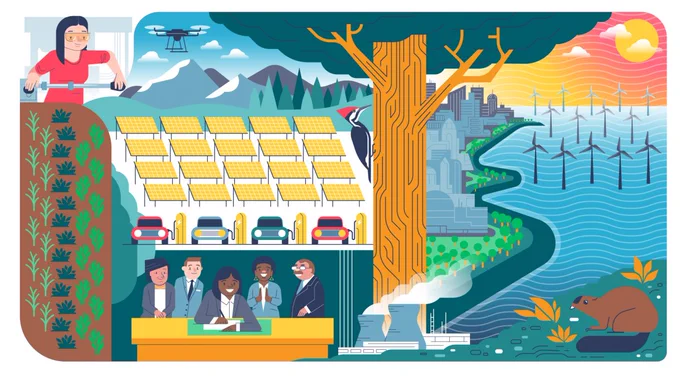 An illustration of various actions we can take to slow climate change and its impacts
