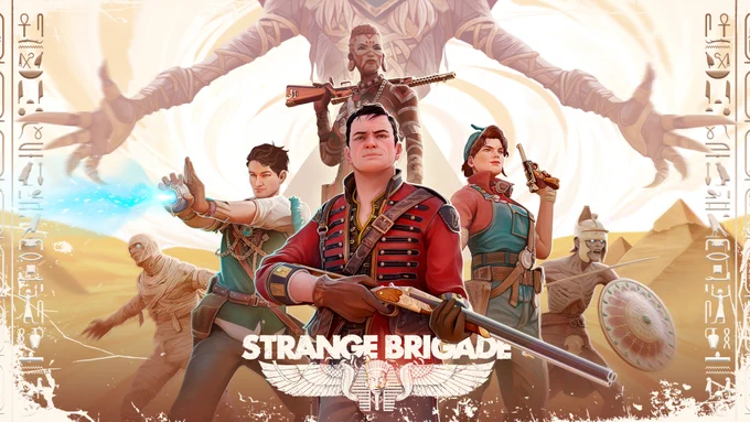 Anniversary Art featuring Strange Brigade's 4 main characters: Gracie Braithwaite, Nalangu Rushida, Archimedes de Quincey, Frank Fairburne as theyre posed in front of the witch queen Seteki.