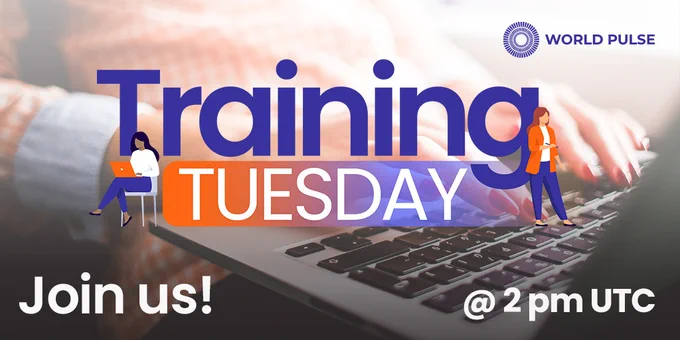 Closeup of woman's hands on laptop as background image. Blue and white text overlay saying "Training Tuesday, join us, at 2 pm UTC.”
