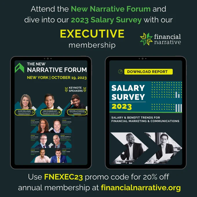 Experience more with our all-inclusive Executive membership, including #TheNewNarrativeForum and #2023SalarySurvey! Join our #FinancialNarrativeExecutive group today and use code FNEXEC23 for 20% off. https://financialnarrative.org/page/join-financial-narrative